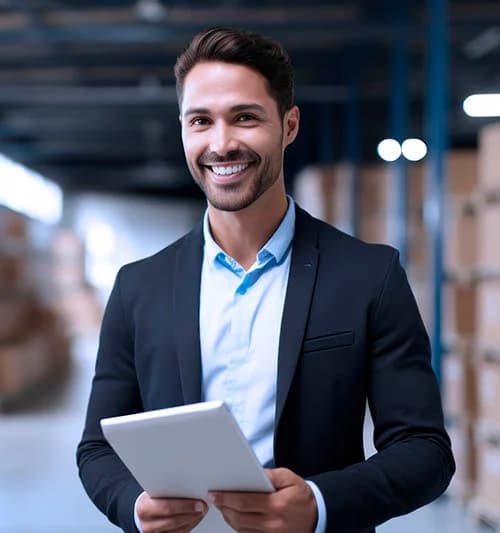 Executivo sorrindo segurando tablet - Amil Saúde Empresarial